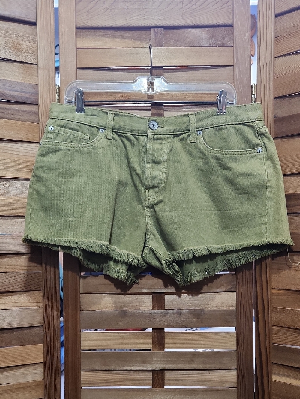 Band of Gypsies Olive Green Frayed Denim Shorts Button Fly Closure Cotton
